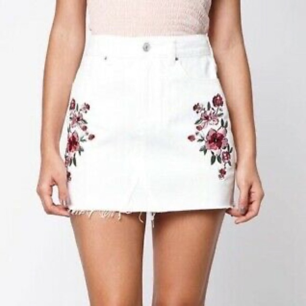 Denim Embroidered Floral Skirt